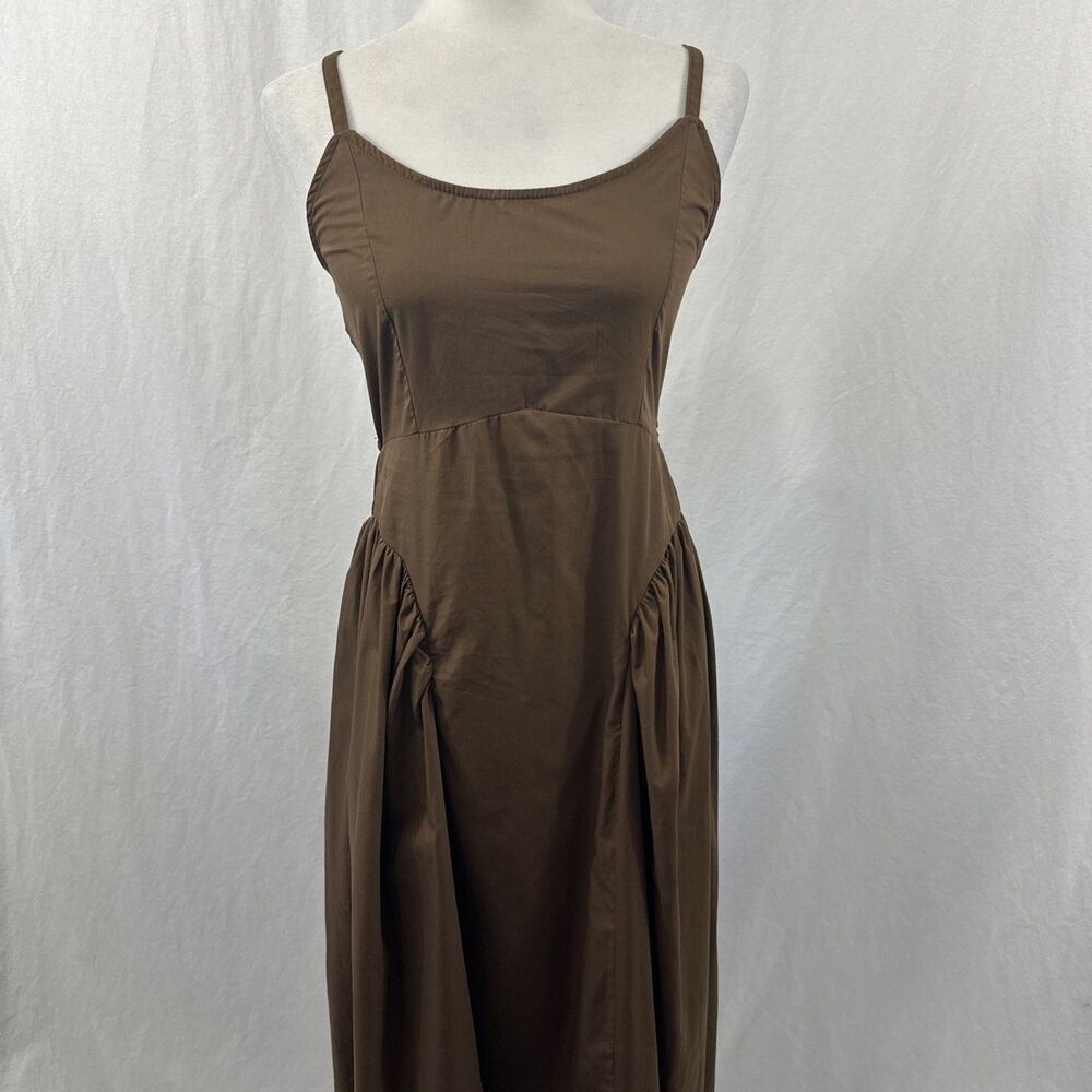 Meadow Rhodes Brown Drop Waist Poplin Midi Dress Womens Sz M Boho **READ**